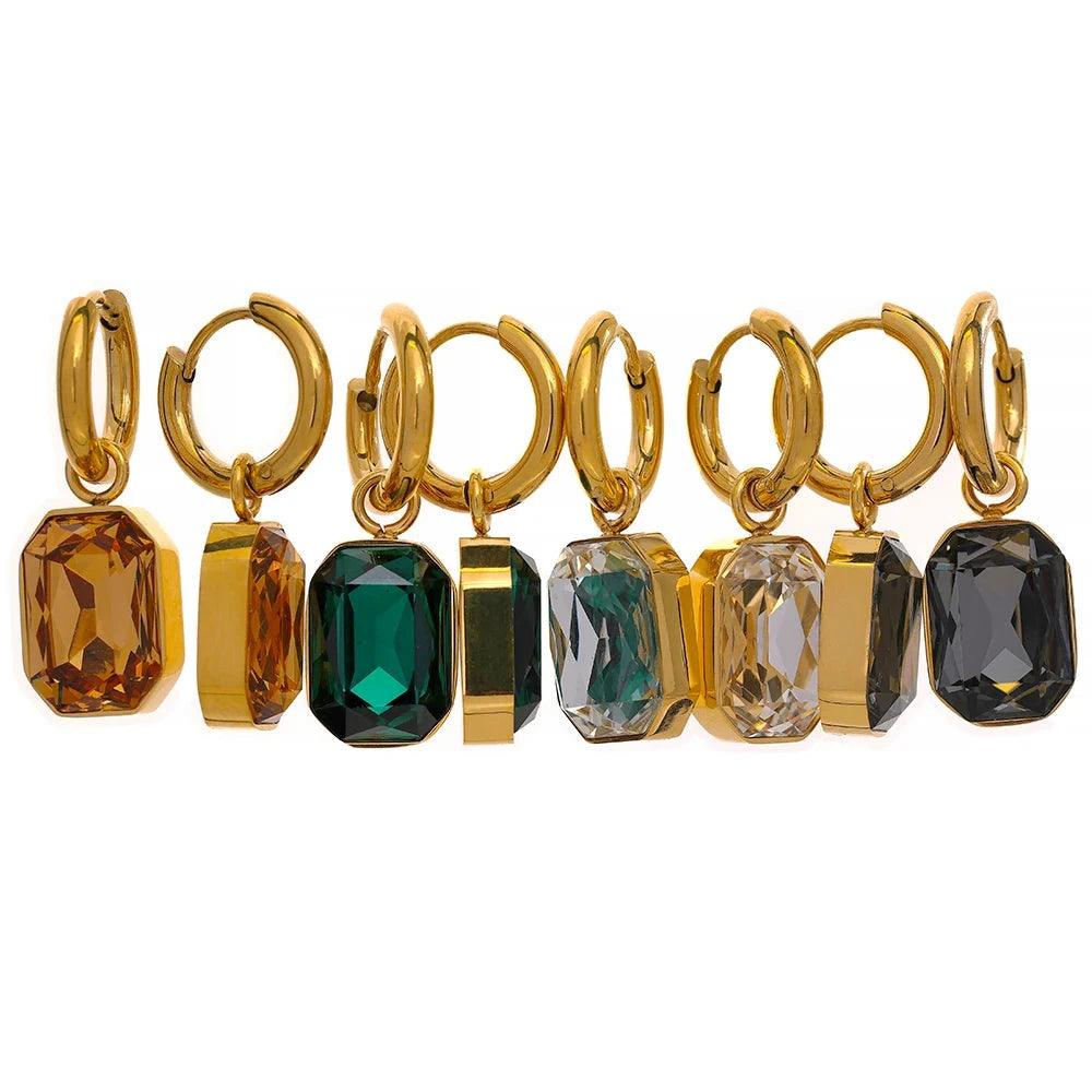 Yhpup-Brincos Dangle Cubic Zirconia, Brincos Trendy, Jóias Geométricas Quadradas Verdes, Aço Inoxidável, Banhado a Ouro 18K