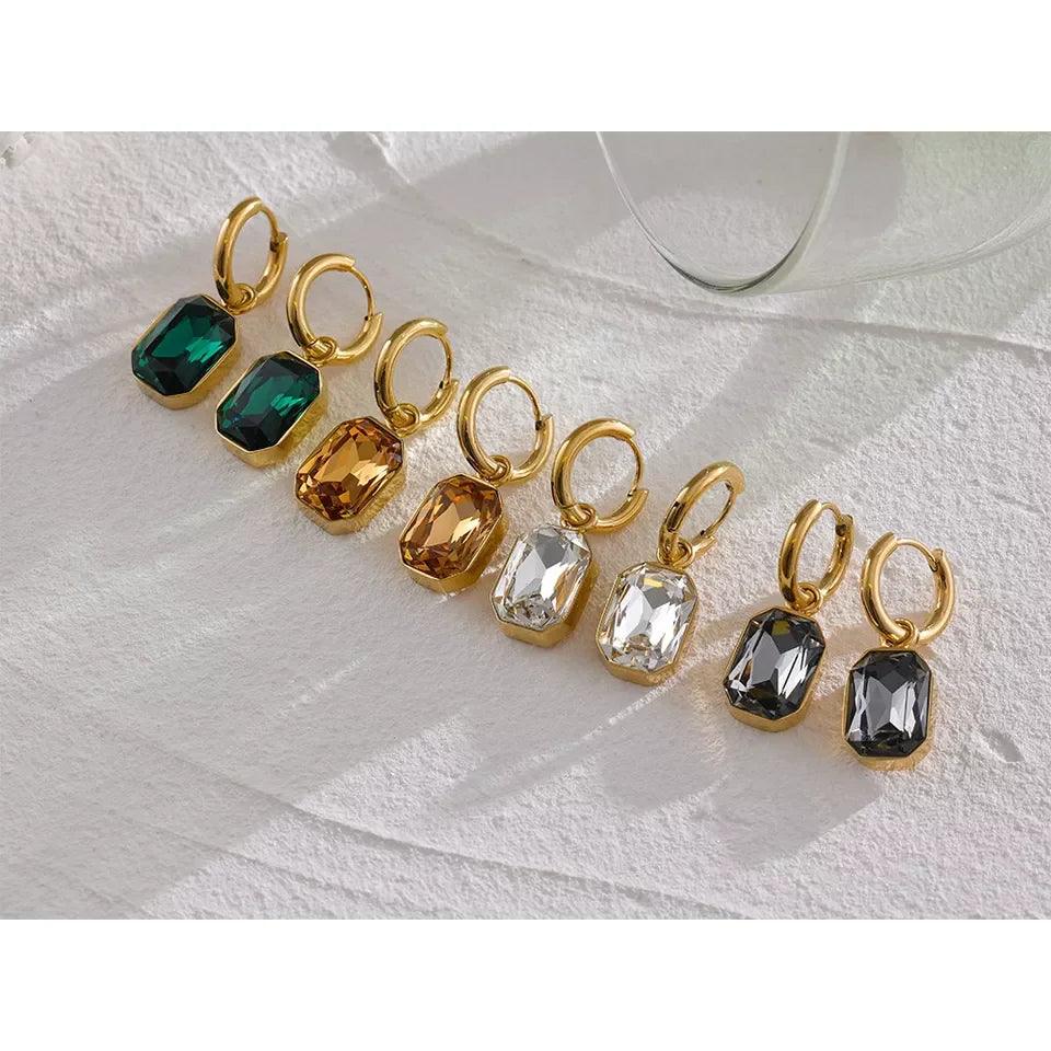 Yhpup-Brincos Dangle Cubic Zirconia, Brincos Trendy, Jóias Geométricas Quadradas Verdes, Aço Inoxidável, Banhado a Ouro 18K