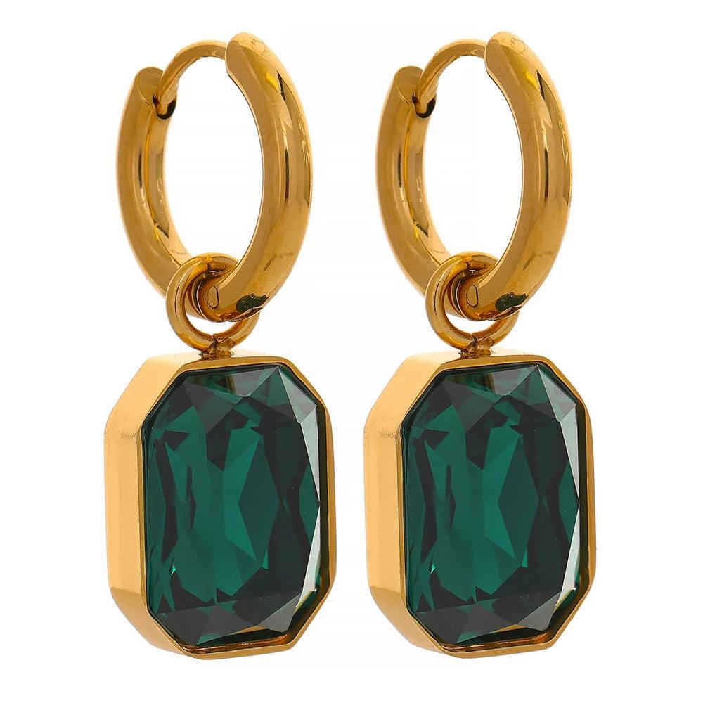 Yhpup-Brincos Dangle Cubic Zirconia, Brincos Trendy, Jóias Geométricas Quadradas Verdes, Aço Inoxidável, Banhado a Ouro 18K