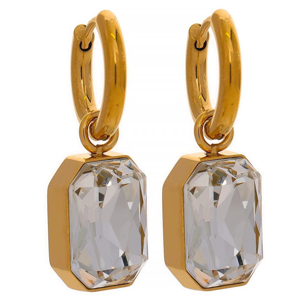 Yhpup-Brincos Dangle Cubic Zirconia, Brincos Trendy, Jóias Geométricas Quadradas Verdes, Aço Inoxidável, Banhado a Ouro 18K