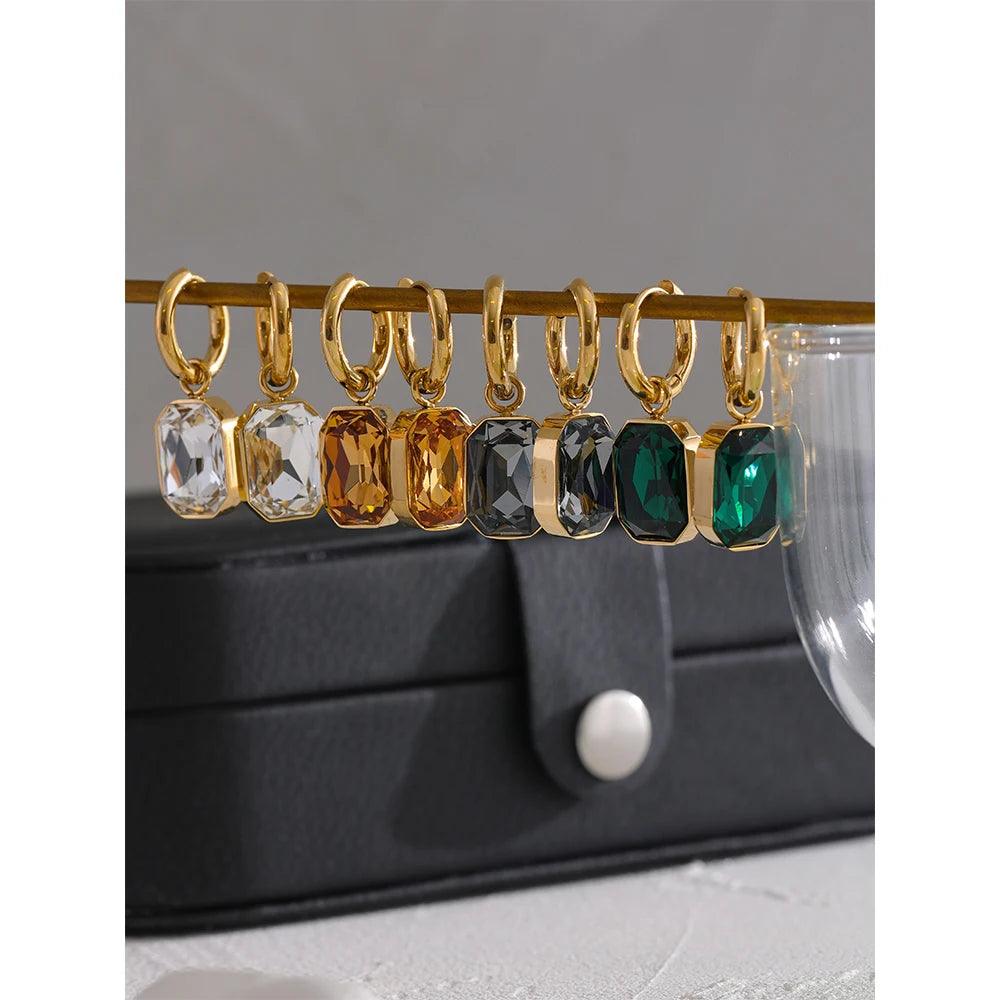 Yhpup-Brincos Dangle Cubic Zirconia, Brincos Trendy, Jóias Geométricas Quadradas Verdes, Aço Inoxidável, Banhado a Ouro 18K